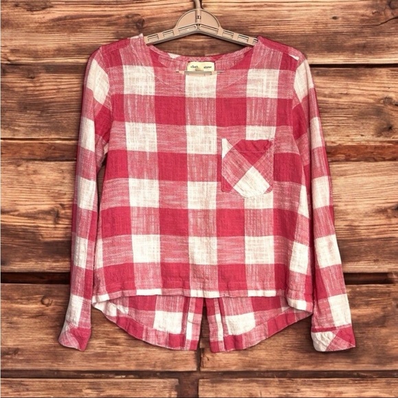 Cloth & Stone Top Sz XS Pink White Check Gingham Button Back Linen Blend Cottage - Picture 1 of 13